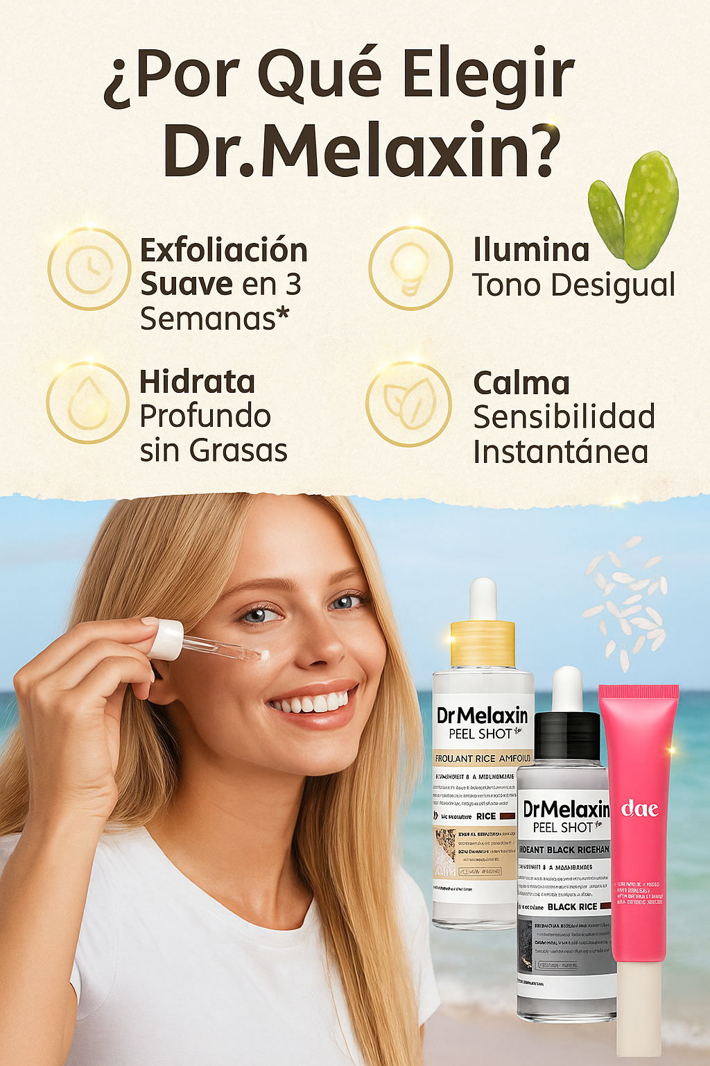 Set Dr. Melaxin con Arroz & Cactus Natural: Exfolia, Ilumina y Calma para un Glow Suave y Luminoso.