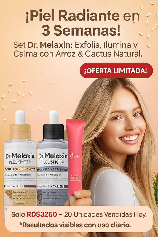 Set Dr. Melaxin con Arroz & Cactus Natural: Exfolia, Ilumina y Calma para un Glow Suave y Luminoso.