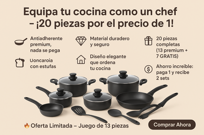 🎁 Juego de ollas de 13 piezas + 7 GRATIS. ¡Renueva tu cocina ahora!