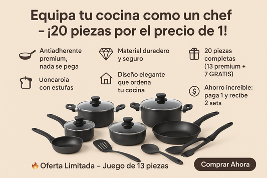🎁 Juego de ollas de 13 piezas + 7 GRATIS. ¡Renueva tu cocina ahora!